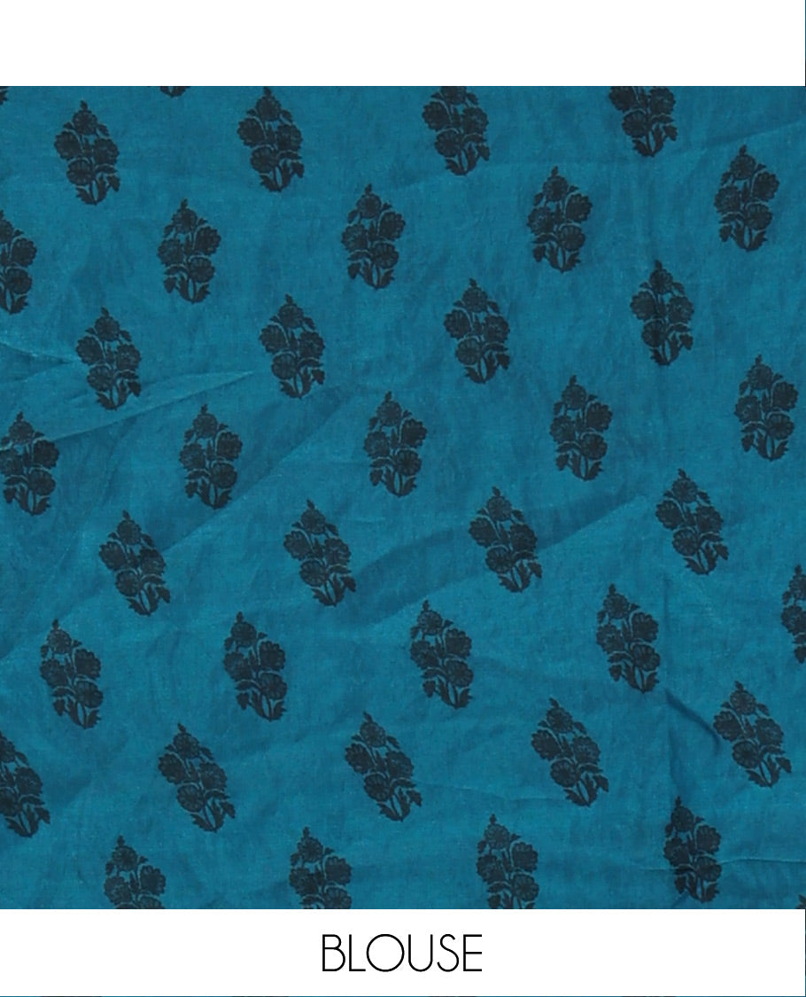 Blue Designer Saree, Accentuated with Floral Print and Outline Stone Work All Over Its Body, Scallop Embroidered Border, and Paired with a Matching Blouse