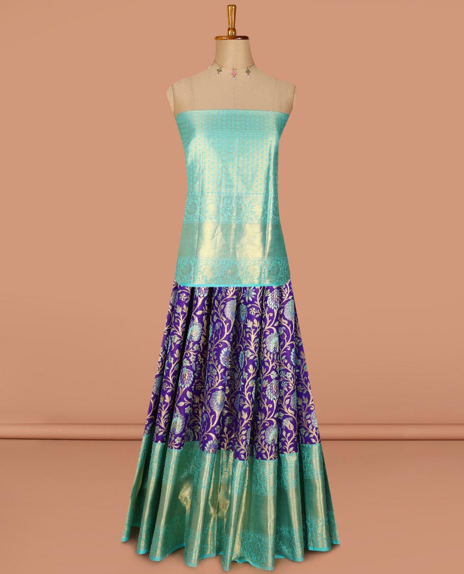 Violet floral jacquard silk half saree with contrast border of thilakam mokku, kodi visiry, banaras design, zari design blouse & floral design dhavani