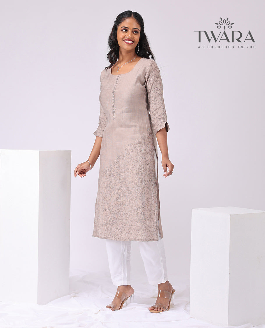 Twara Grey floral embroidery square neck, knee length , elbow sleeve kurti