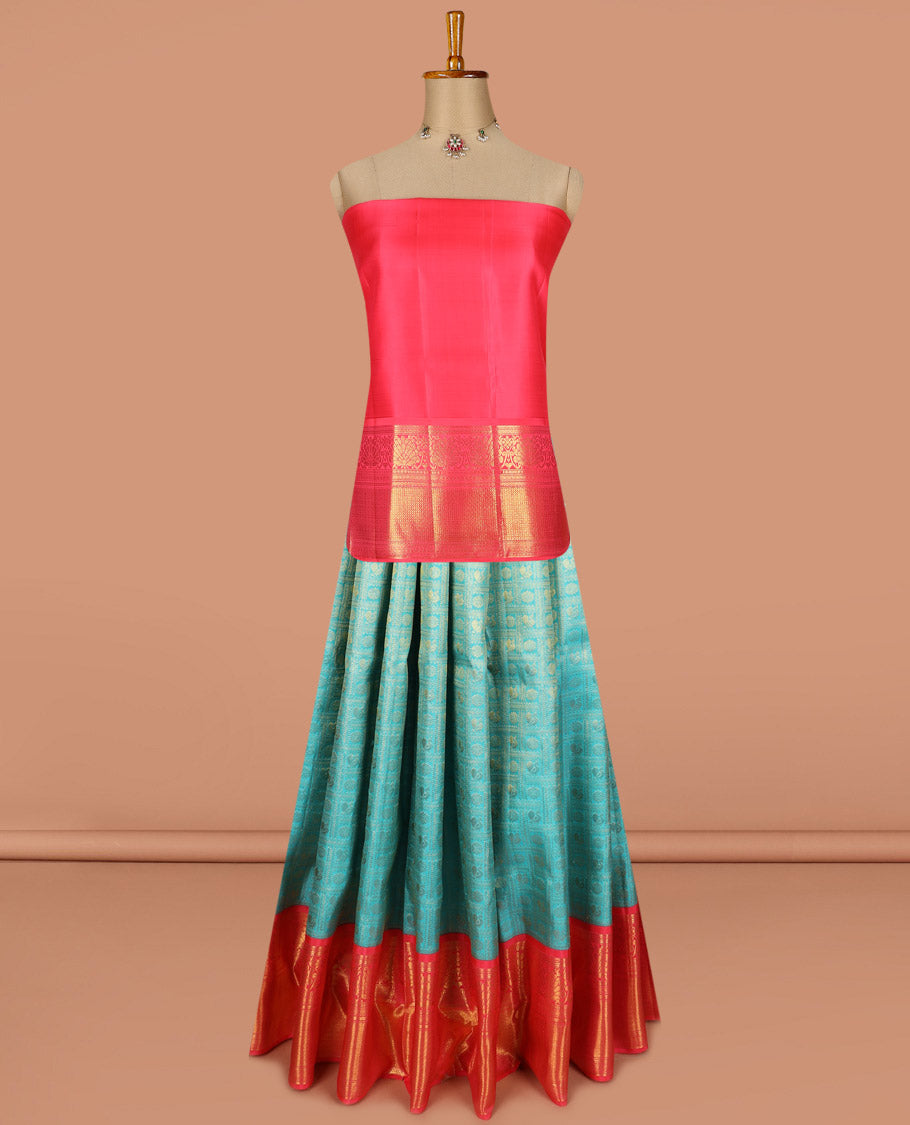 Blue pure silk half saree, mayil chakram enclosed checked skirt, contrast border and blouse of kodi visiry, neli, muthu, lavangam, and jaal, and intricate dhavani