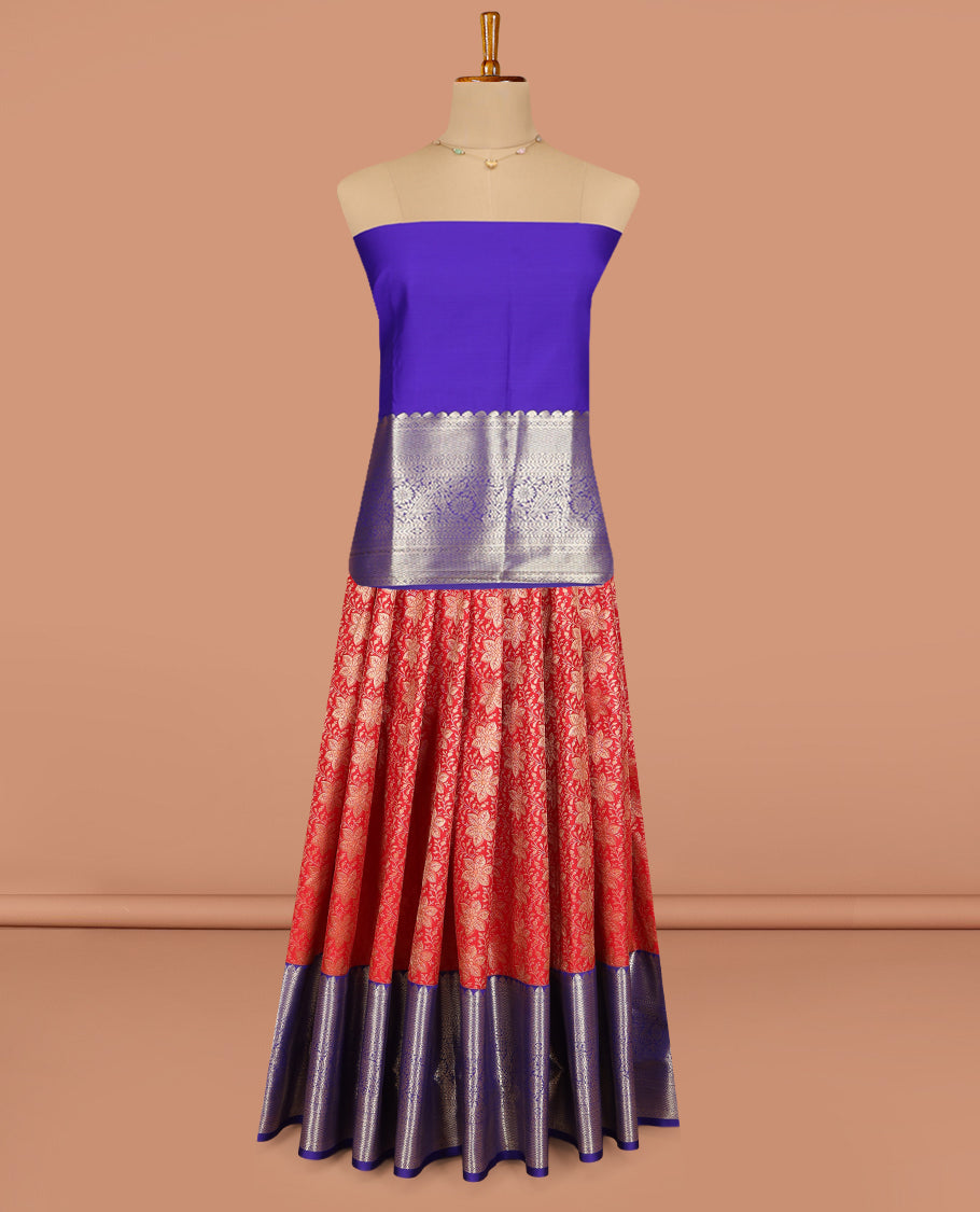 Red Art Silk Pavadai Material, Elevated with Jacquard Design, Contrast Traditional Zari Design Border, and a Contrast Blouse