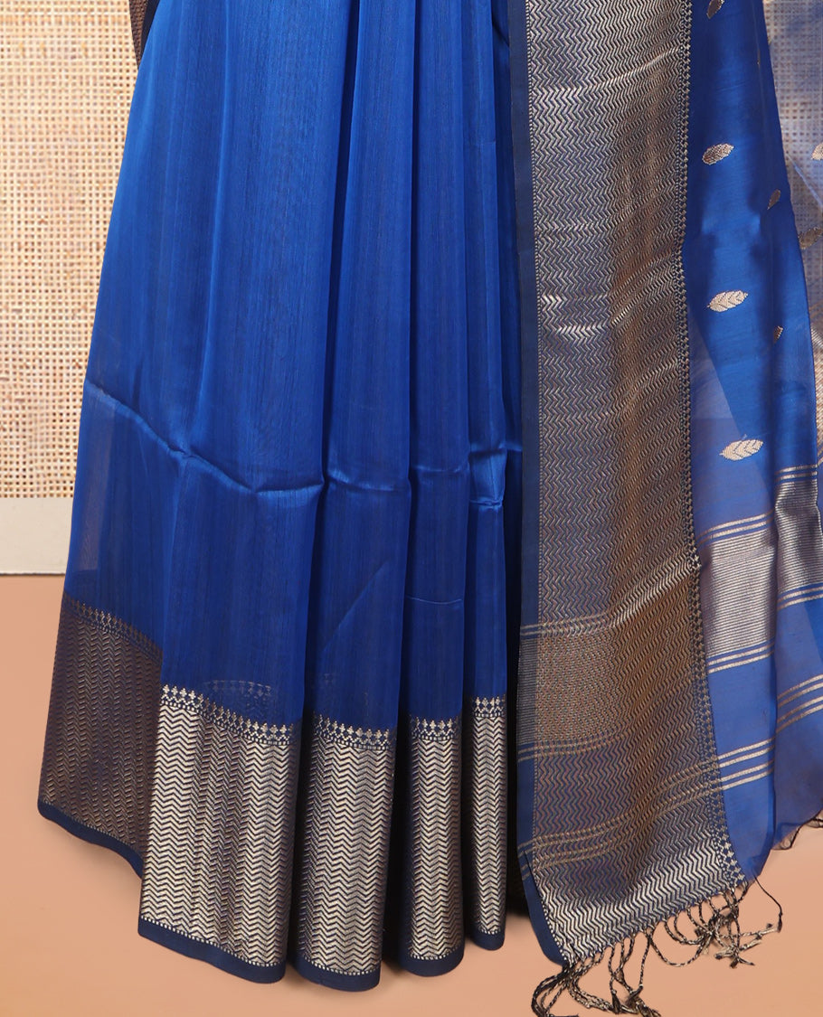 M.s Blue Maheshwari Cotton Saree, Ornamented with Zari Buttas, a Contrast Chevron Striped Border, Zari Buttas Woven Pallu, and a Contrast Blouse
