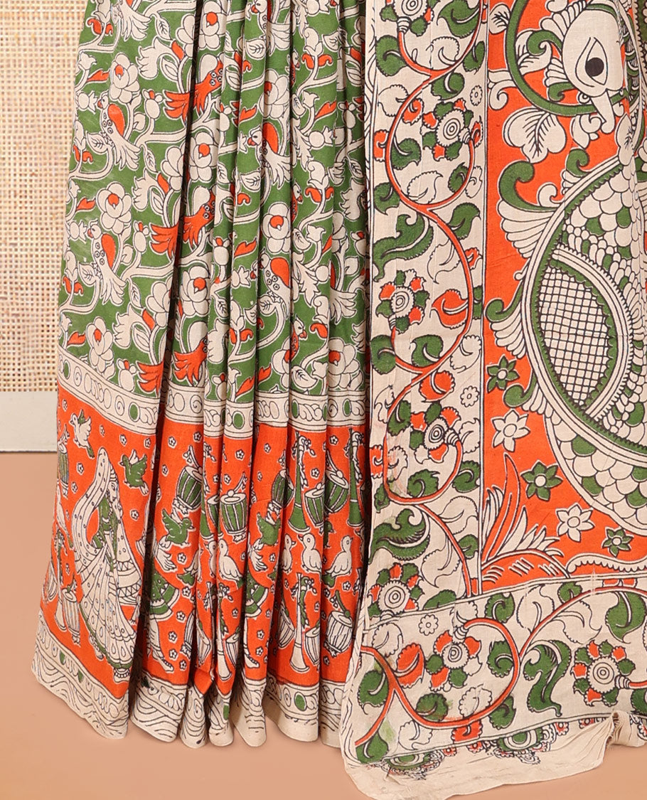 Multi-Color Kalamkari Cotton Saree, Graced Floral Vine Print, Contrast Printed Border, Kalamkari Peacock Motifs Pallu, and a Matching Blouse