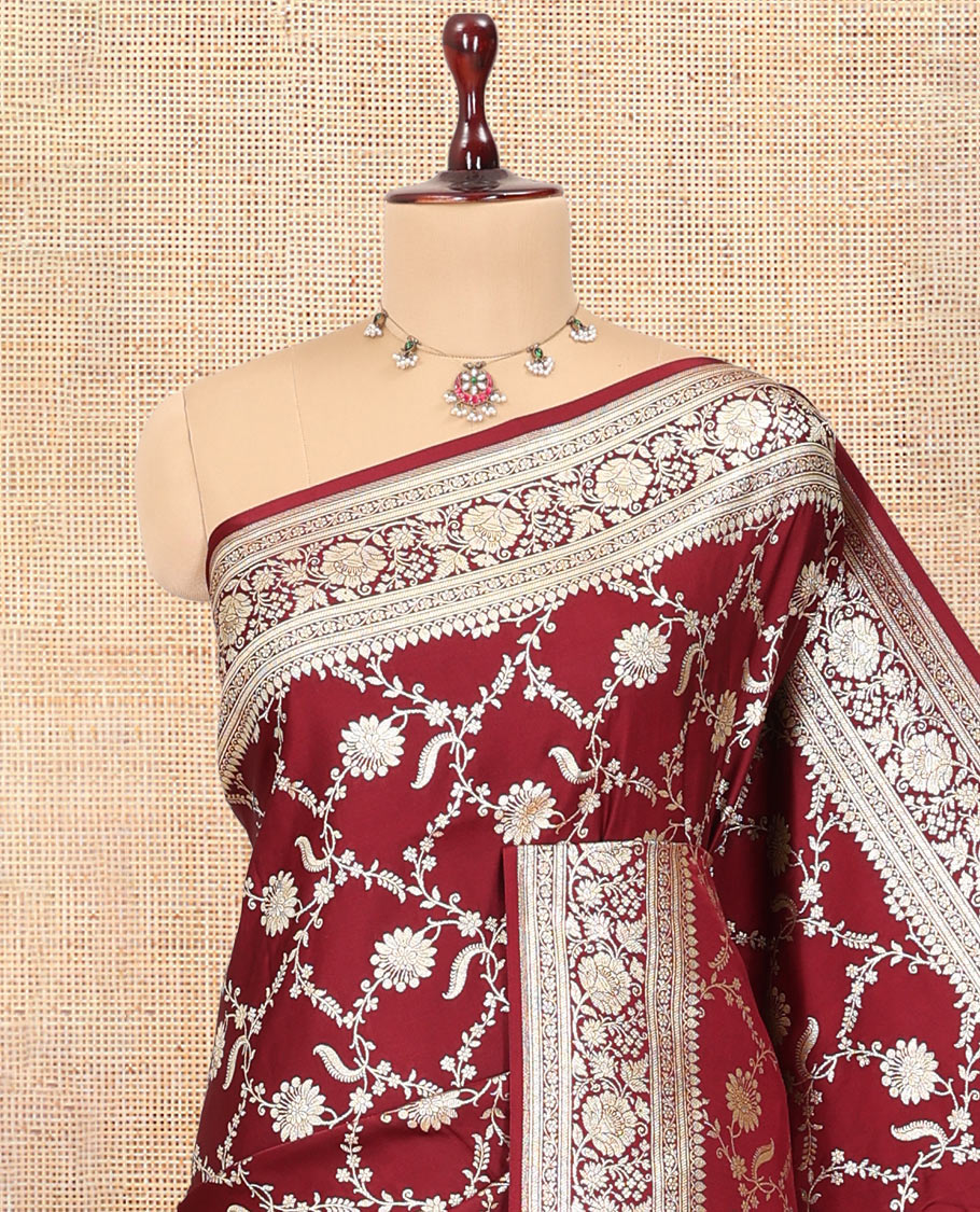 Maroon Semi-Banaras Satin Silk Saree