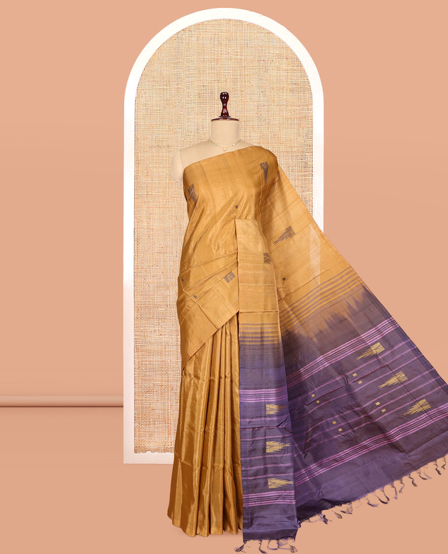 Borderless Gold Banana Pith Saree, Woven with Temple Buttas, a Contrast Pallu of Stripes and Temple Design, and a Contrast Blouse