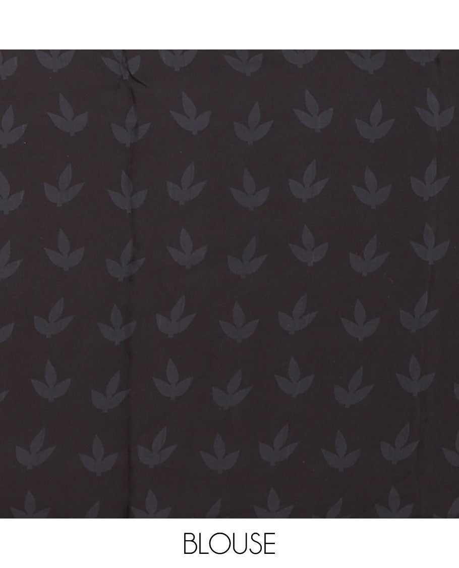 Borderless black half-half style crepe silk saree printed with grey color leaf vine design, leaf motifs printed blouse