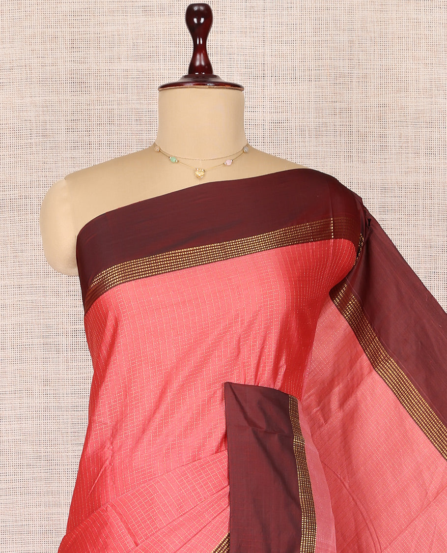 Dark Peach Zari Checked Arani Saree, Mesmerized with Zari Checks, a Contrast Traditional Border, Pallu of Zari Stripes, and a Matching Blouse