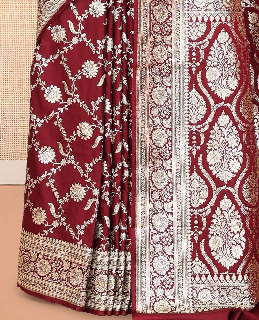 Maroon Semi-Banaras Satin Silk Saree