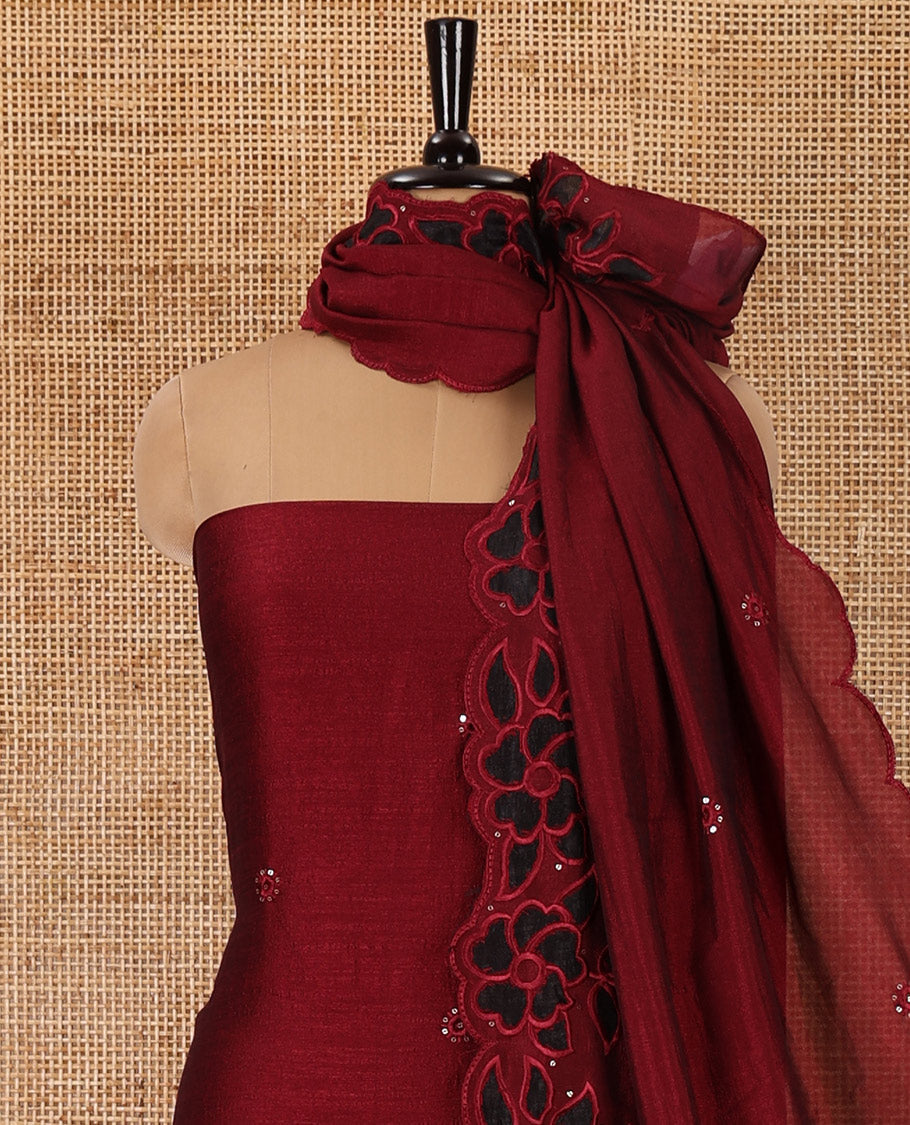 Maroon material chudidar set, sequins work with floral Aplic embroidered Vichitra silk top, matching bottom, and an embroidered dupatta