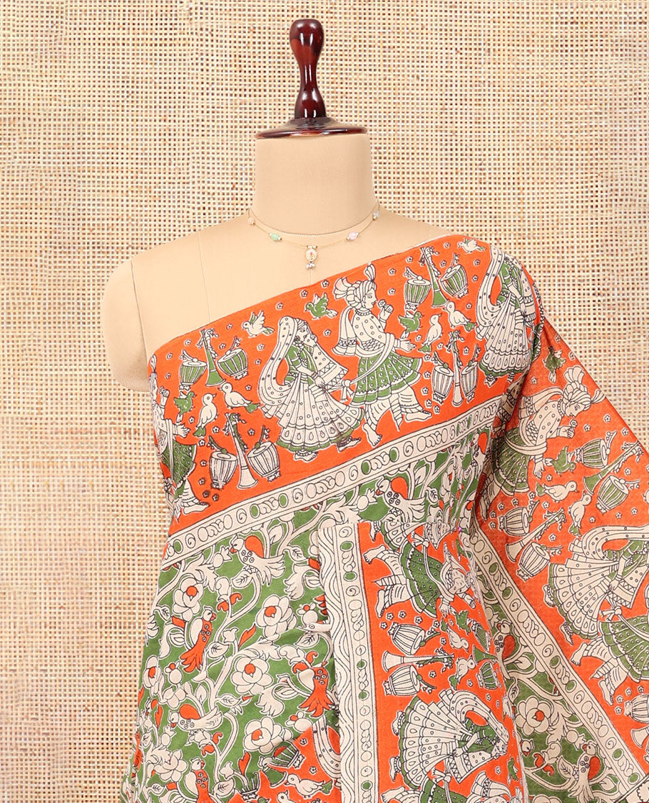 Multi-Color Kalamkari Cotton Saree, Graced Floral Vine Print, Contrast Printed Border, Kalamkari Peacock Motifs Pallu, and a Matching Blouse
