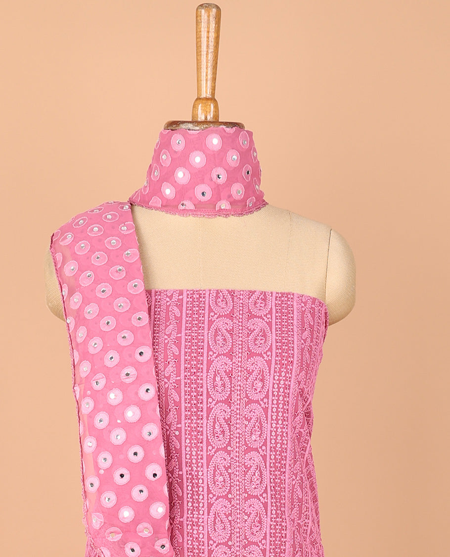 Pink chudidhar material set Georgette lucknowni design embroidery, top daman carry mango design top with crape materil with lining pant & mirror work, scallop border dupatta