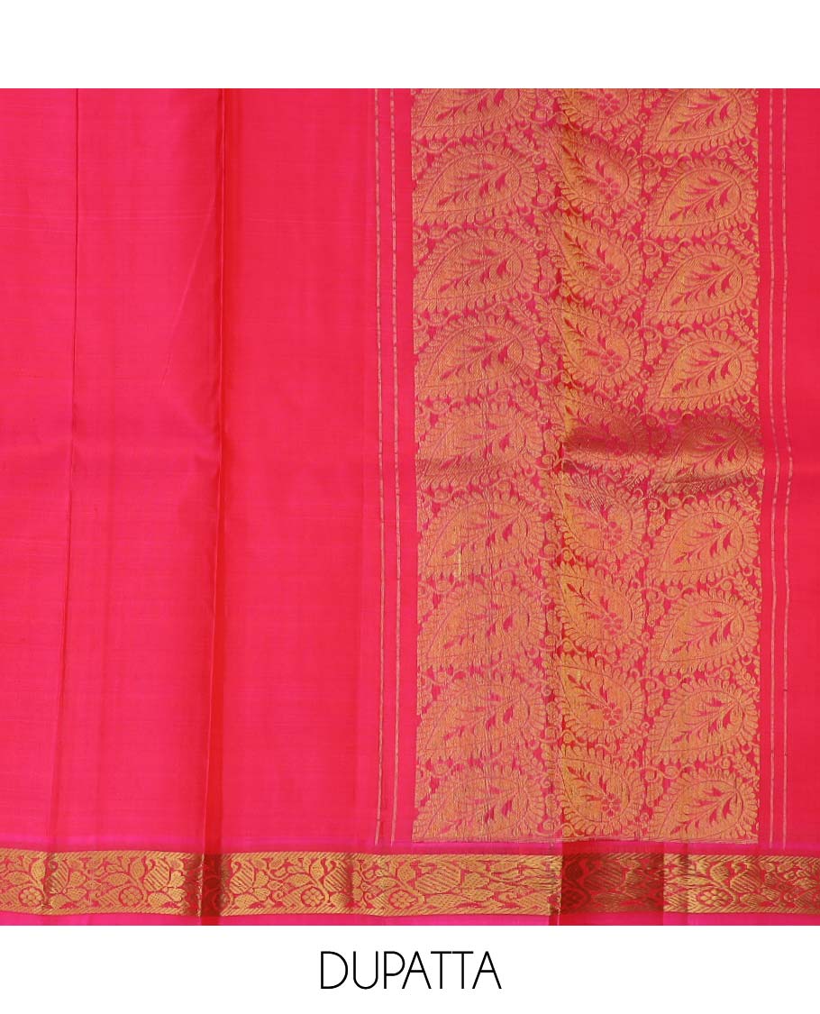 Blue pure silk half saree, mayil chakram enclosed checked skirt, contrast border and blouse of kodi visiry, neli, muthu, lavangam, and jaal, and intricate dhavani