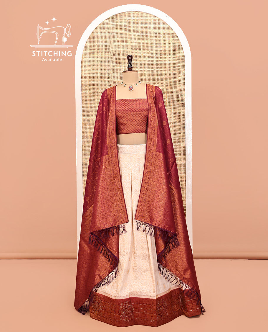 Cream Art Silk Half Saree, Subtly Designed with Jacquard Skirt, Contrast Traditional Stone-Work Border, a Jacquard Blouse, and Banaras Jacquard Dhavani