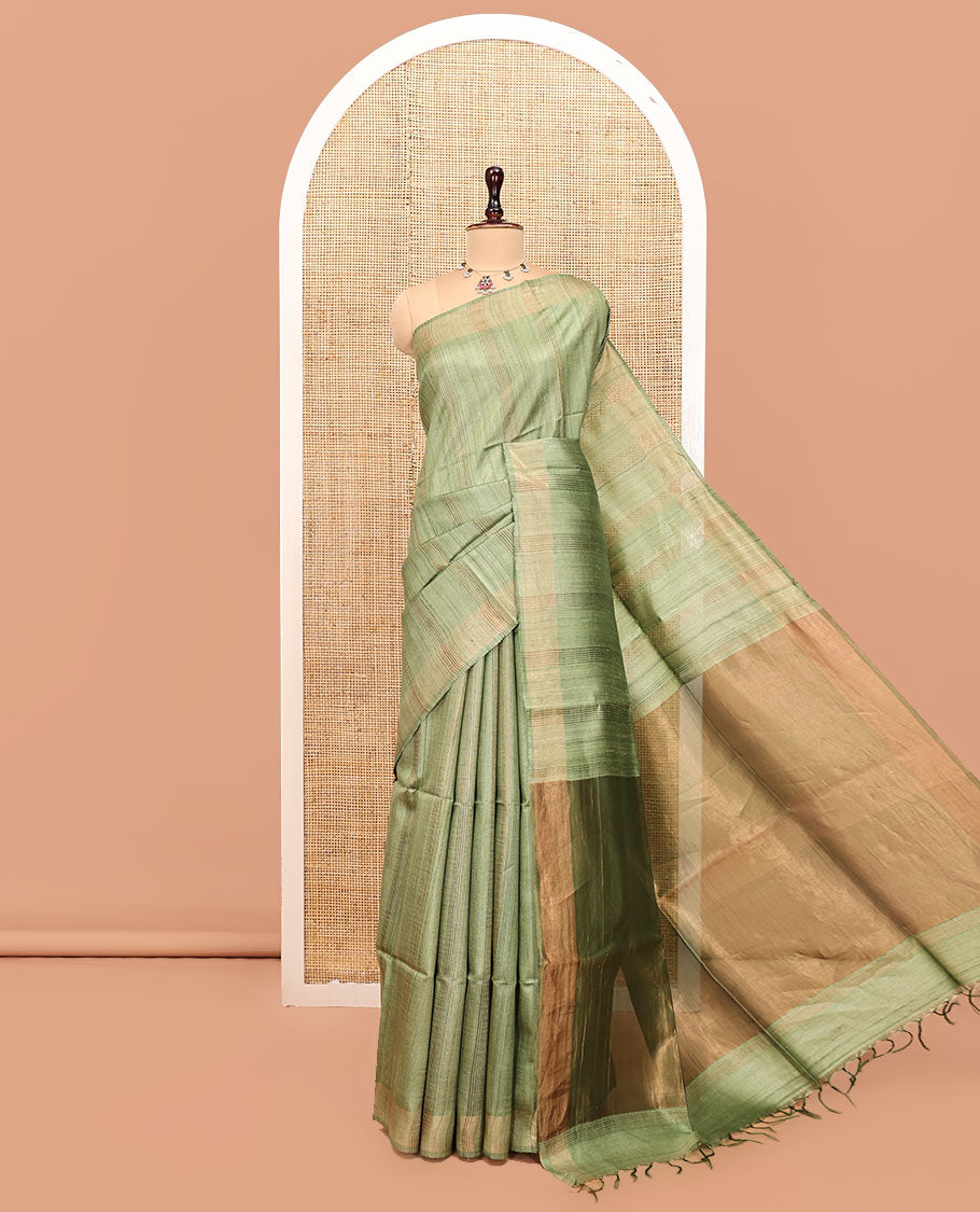 Green Heathered Tussar Silk Saree, a Subtle Border, a Gleaming Pallu, and a Matching Blouse