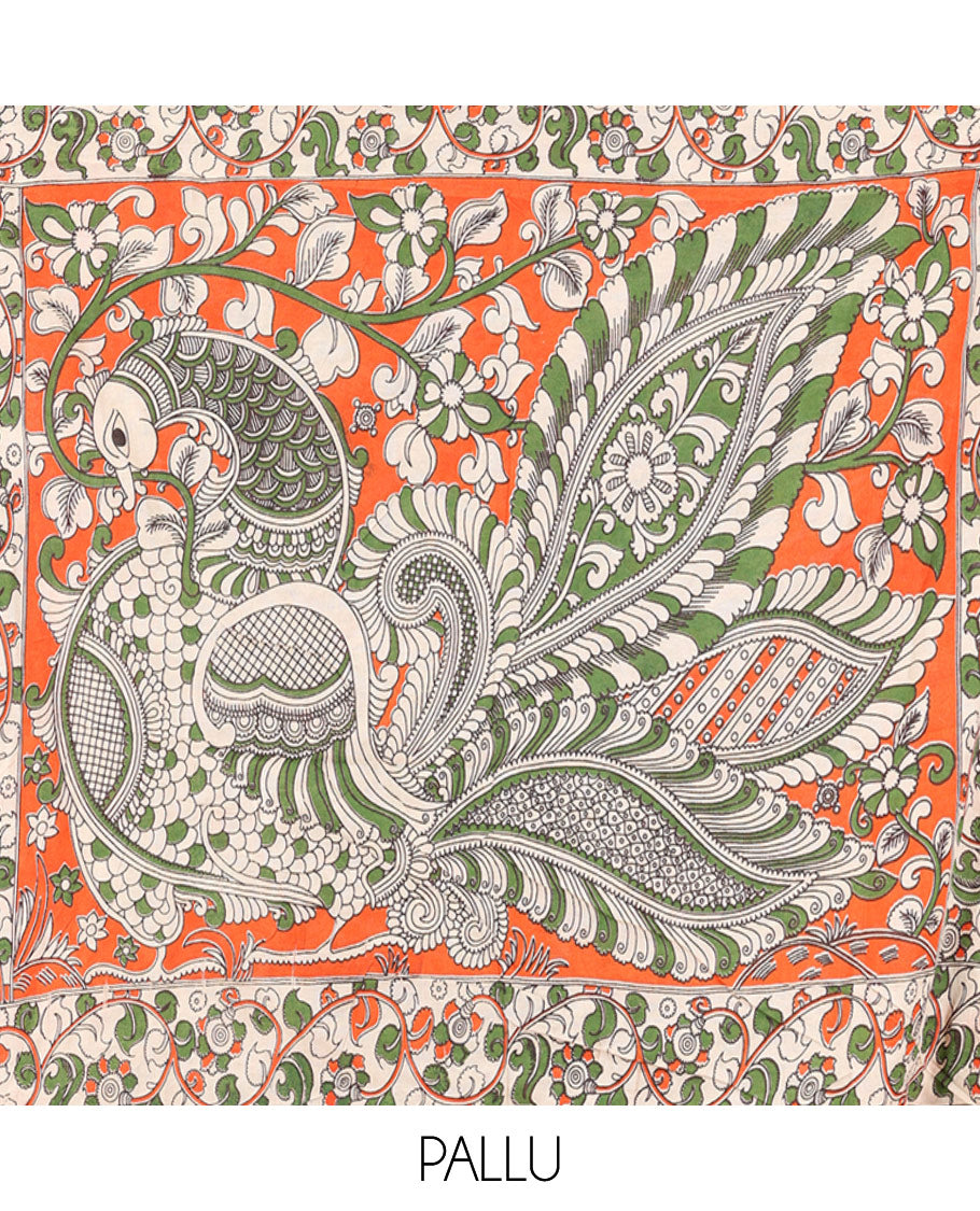 Multi-Color Kalamkari Cotton Saree, Graced Floral Vine Print, Contrast Printed Border, Kalamkari Peacock Motifs Pallu, and a Matching Blouse