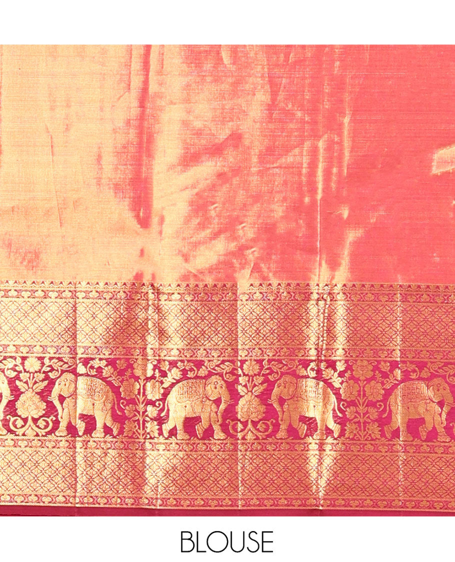 Blue Kanchipuram Tissue Silk Saree, Artfully Detailed with Floral Jacquard, Complemented by a Contrast Border of Jaal and Elephant Designs, Jaal Pallu, and a Contrast Blouse