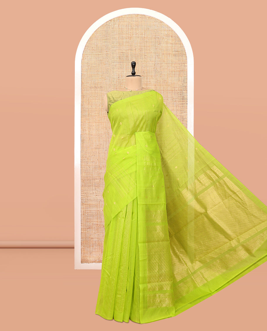 Borderless Parrot Green Silk Cotton Saree, Decorated with Zari Buttas and Stripes, Grand Pallu, and a Matching Blouse