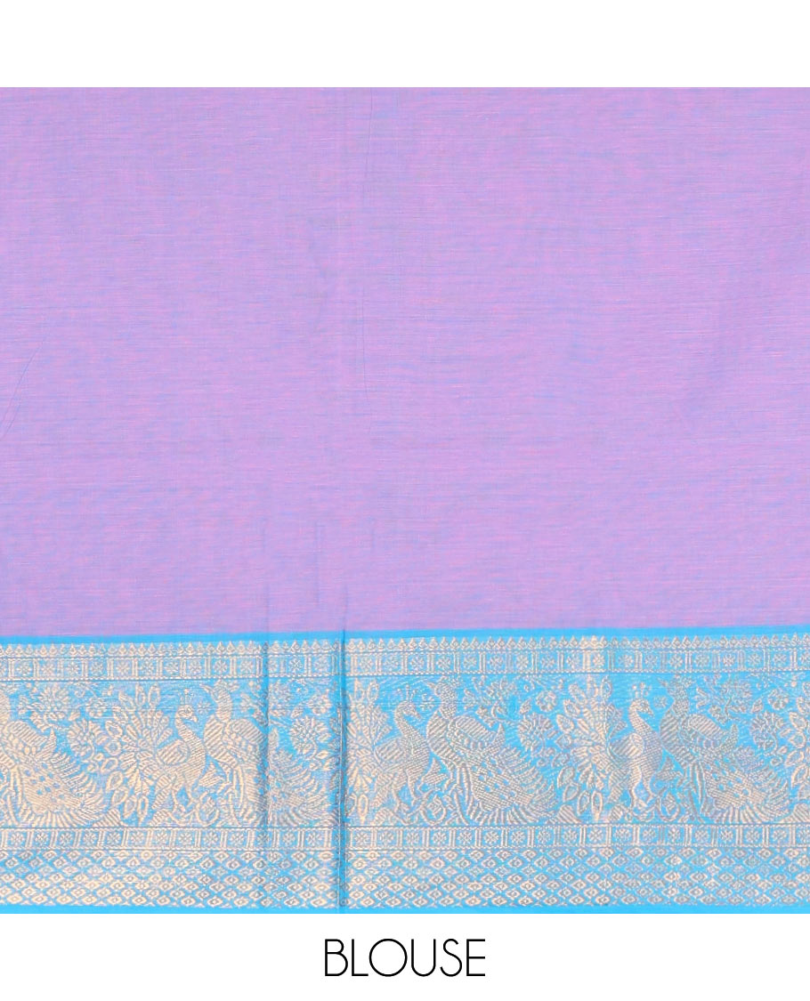 Lavender Plain Chettinad Cotton Saree, Complemented by a Contrast Peacock Zari Border, Striped Pallu, and a Matching Blouse