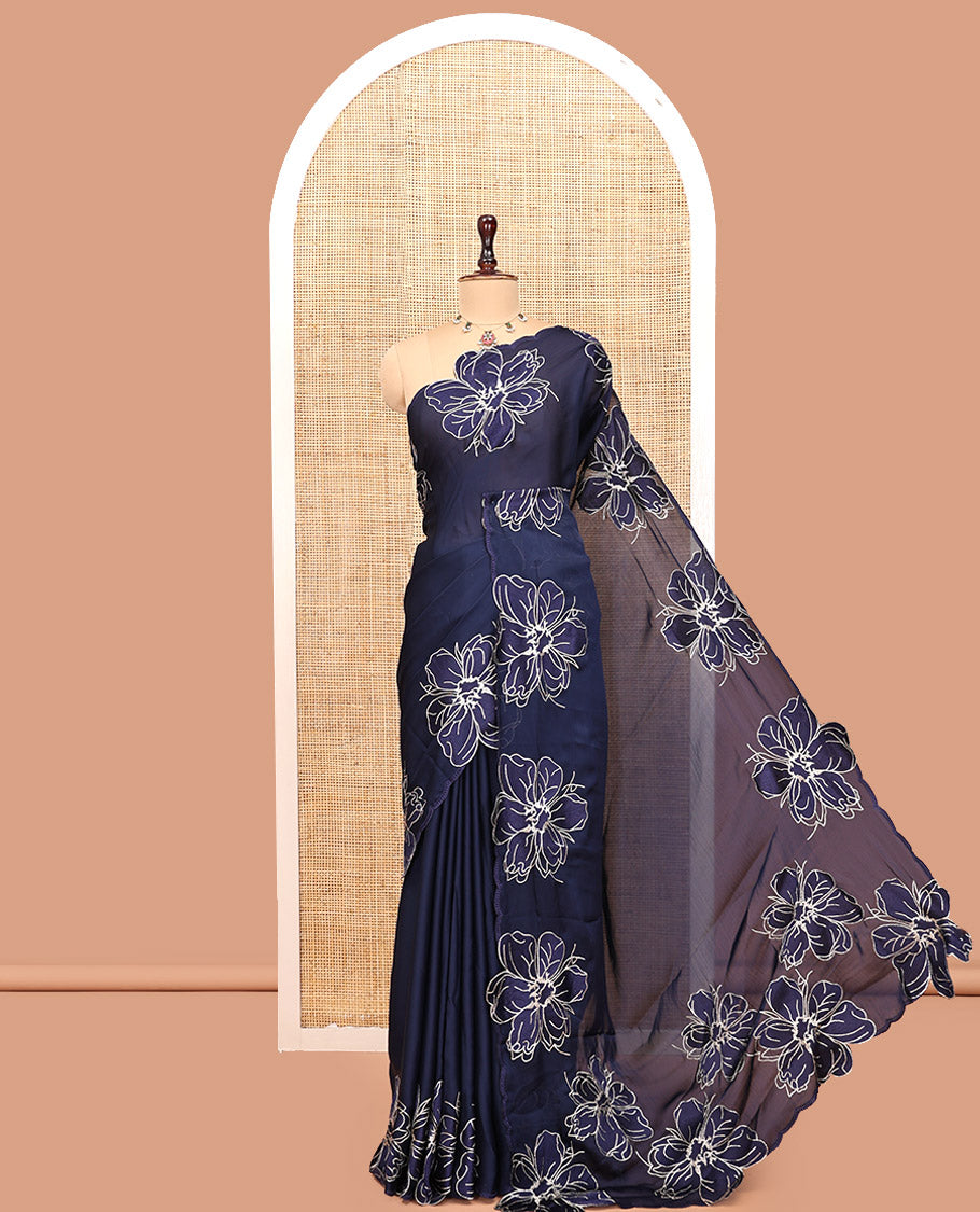 Navy Satin Organza Saree, Steeped in the Prettiness of Floral Embroidery, Floral Embroidered Scallop Border, and a Matching Blouse