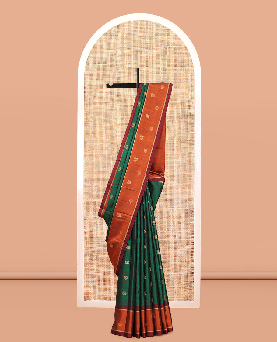Green Mayuri Lite Silk Mix Saree, Richly Detailed with Mayil-Chakram Buttas and Stripes, Contrast Mayil-Chakram Border, Grand Floral Pallu, and a Contrast Blouse