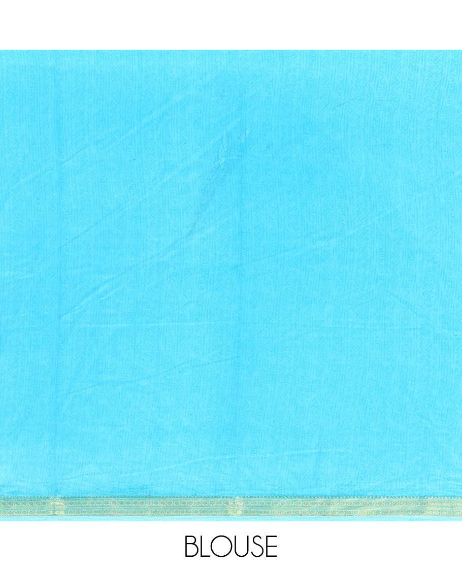 Blue Printed Silk Saree, Prettified with Floral Vine Print, a Zari Border, Floral Print Pallu, and a Matching Blouse