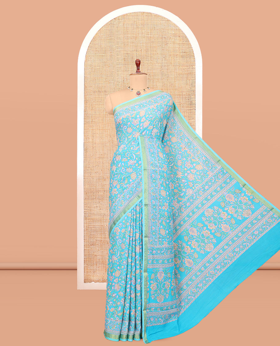 Blue Printed Silk Saree, Prettified with Floral Vine Print, a Zari Border, Floral Print Pallu, and a Matching Blouse
