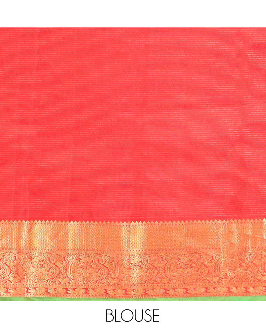 Pink Vasundhara Silk Saree, Decked Up with Zari Buttas and Stripes All Over Its Body, Complemented by a Contrast Border of Rekku, Kodi Visiry, Jaal, and Mayil Designs, Grand Jaal Pallu, and Paired with a Contrast Blouse