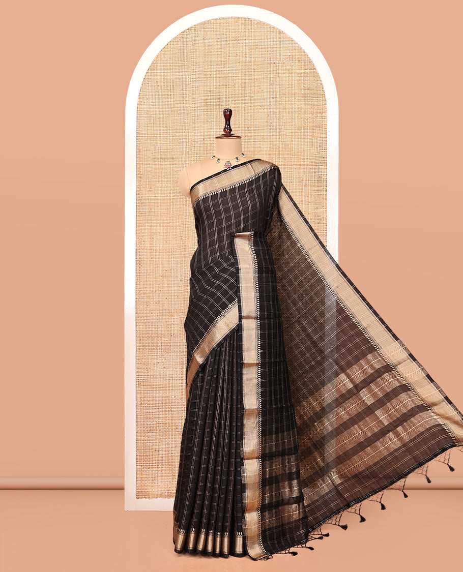 Black Assam Silk Saree, Majestically Detailed with Zari Checks, Highlighted by a Traditional Zari Border, Zari-Striped Pallu, and a Matching Blouse