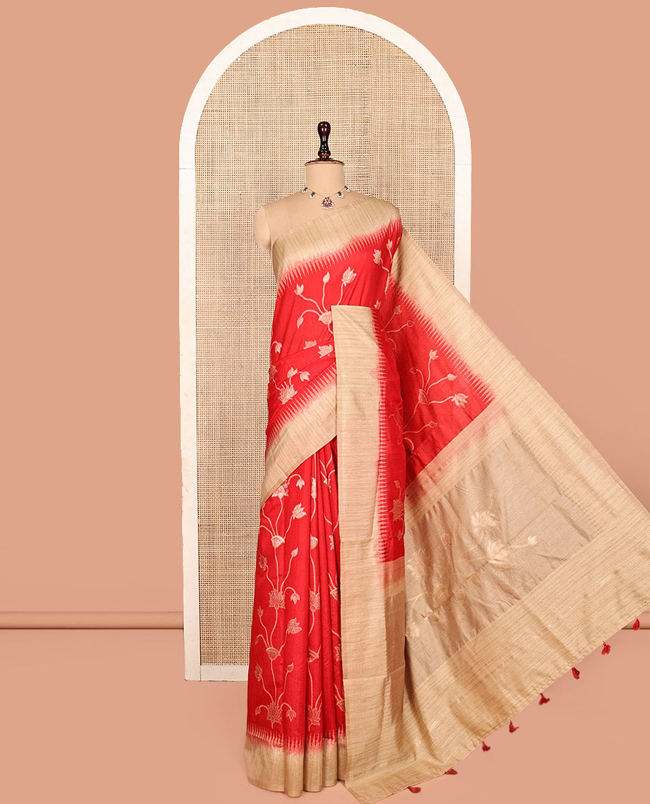 Red Dupion Silk Saree, Artfully Detailed with Pichwai Lotus Vine, Complemented by Contrast Temple Border, Pallu of Pichwai Lotus Motifs, and a Contrast Blouse