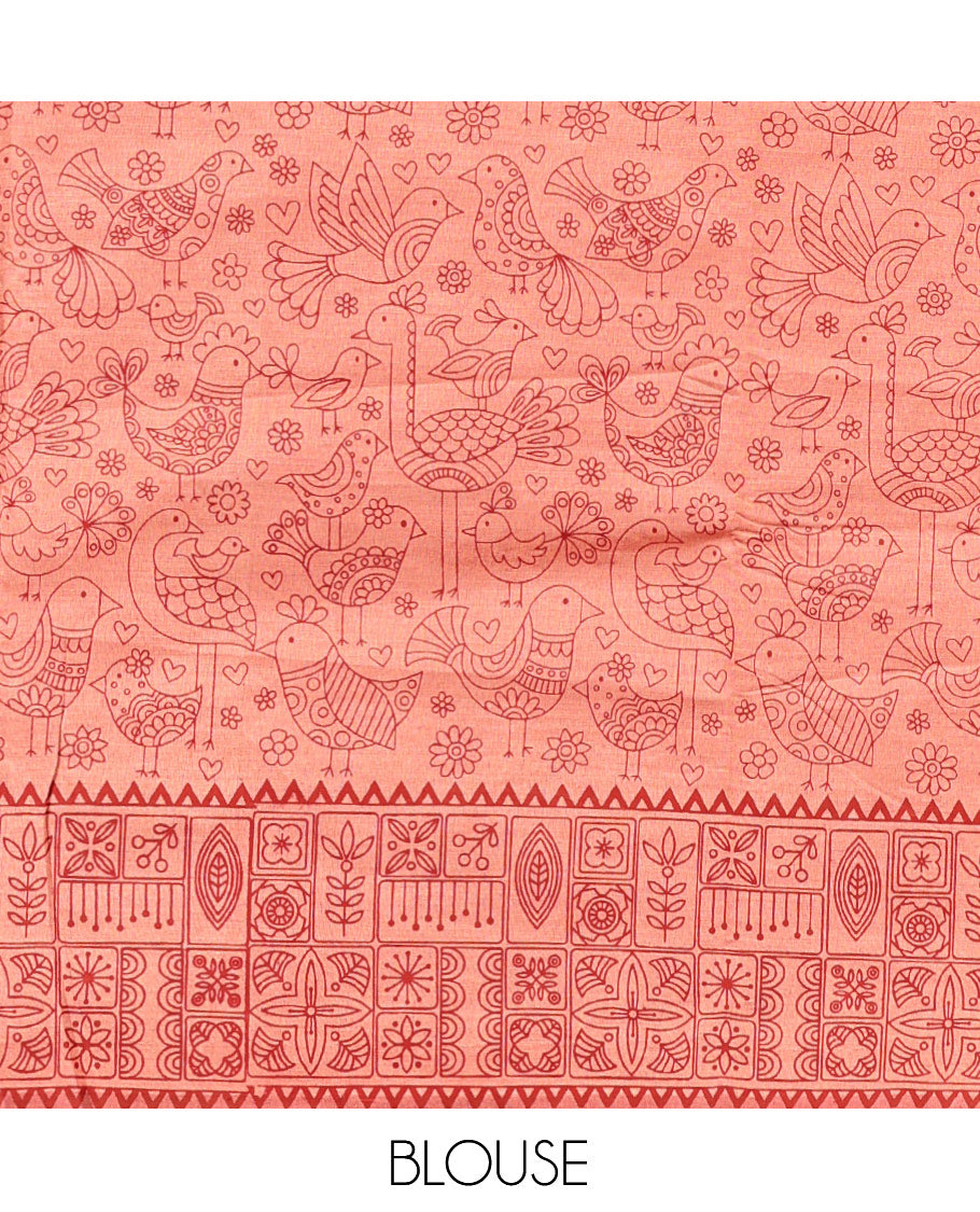 Peach Poly Cotton Saree, Steeped with Birds, a Subtle Printed Border, Printed Pallu, and a Matching Blouse
