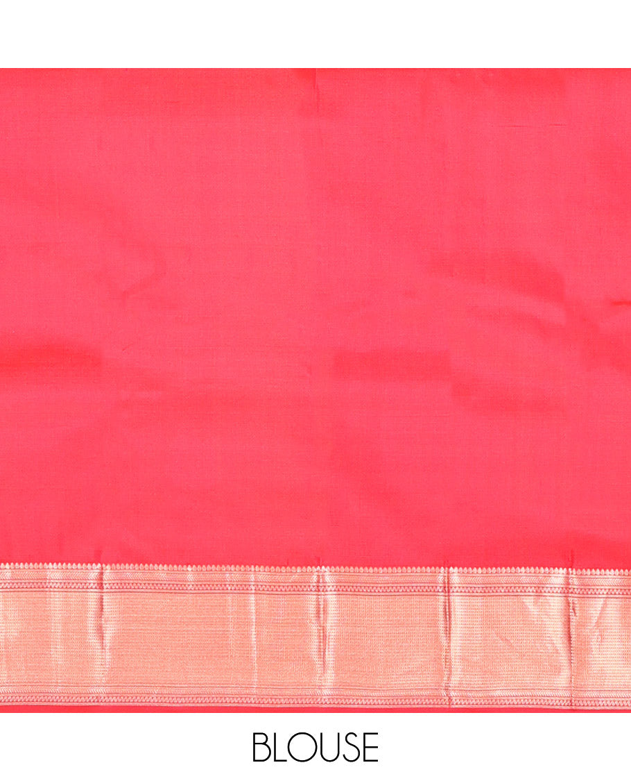 Red Kanchipuram Silk Saree, Decked Up with Zari Buttas, Zari Border of Thilakam and Kathir Designs, Pallu of Jaal Design, and a Matching Blouse