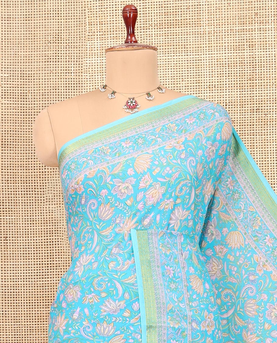 Blue Printed Silk Saree, Prettified with Floral Vine Print, a Zari Border, Floral Print Pallu, and a Matching Blouse