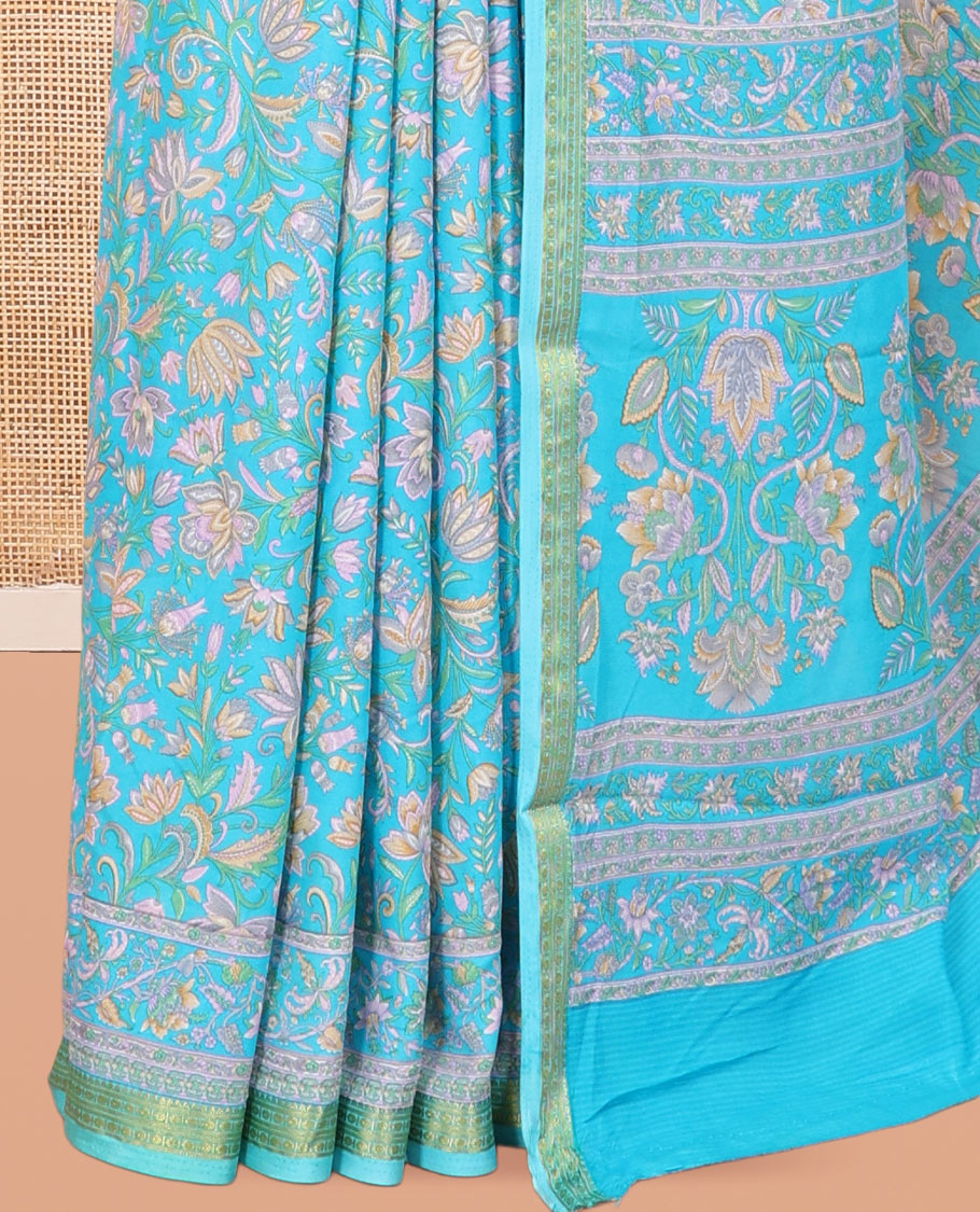 Blue Printed Silk Saree, Prettified with Floral Vine Print, a Zari Border, Floral Print Pallu, and a Matching Blouse