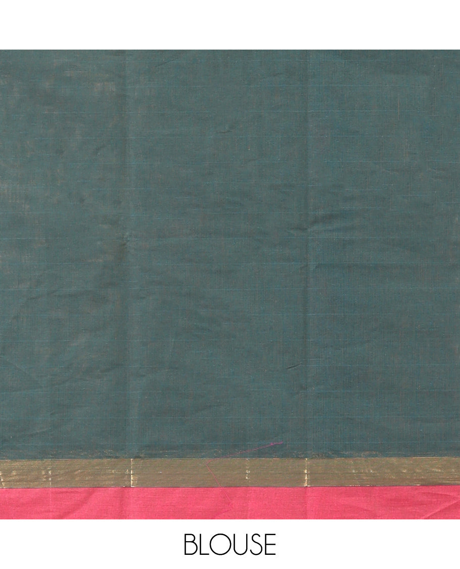 Green Kanchi Cotton Saree, Woven with Thread Buttas, a Contrast Border, Floral Design Pallu, and a Matching Blouse