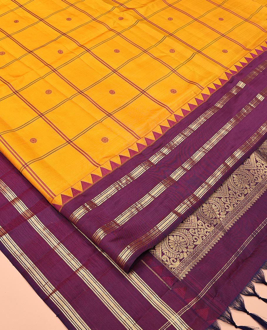 Mustard Checked Vasundhara Lite Silk Mix Saree,Contrast Temple Border,Grand Pallu,Contrast Blouse