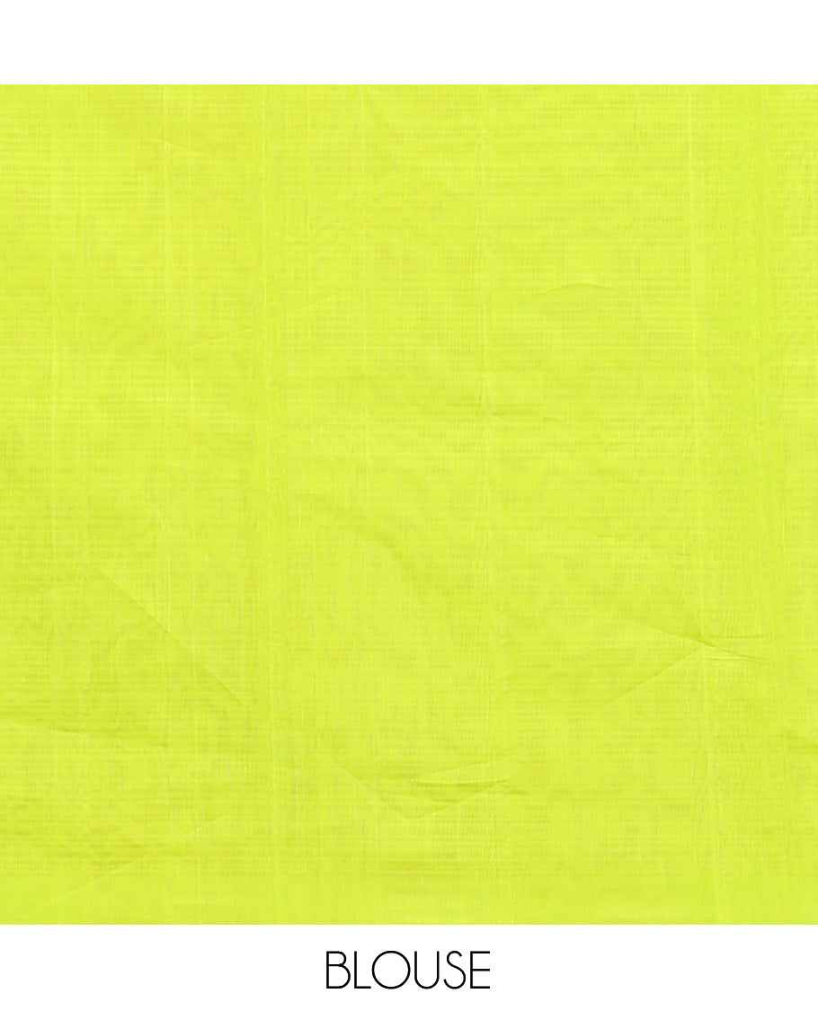 Borderless Parrot Green Silk Cotton Saree, Decorated with Zari Buttas and Stripes, Grand Pallu, and a Matching Blouse