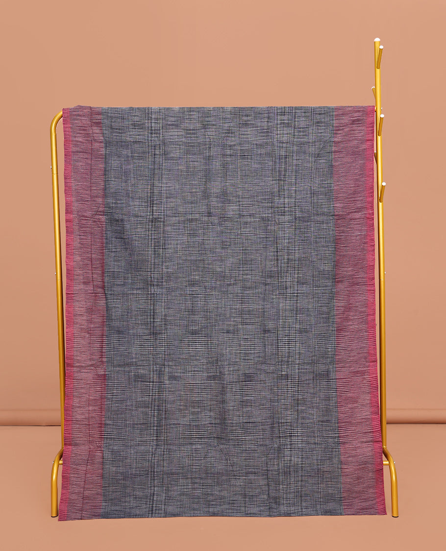Grey Heathered Textured Mangalgiri Cotton Saree, Complemented by Contrast Heathered Textured Border, Striped Pallu and Paired with a Contrast Blouse
