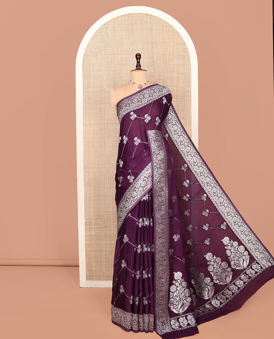Purple Fancy Crepe Saree, Beautifully Bedecked with Floral and Chevron Stripes, a Floral Border, a Floral Design Pallu, and a Matching Blouse