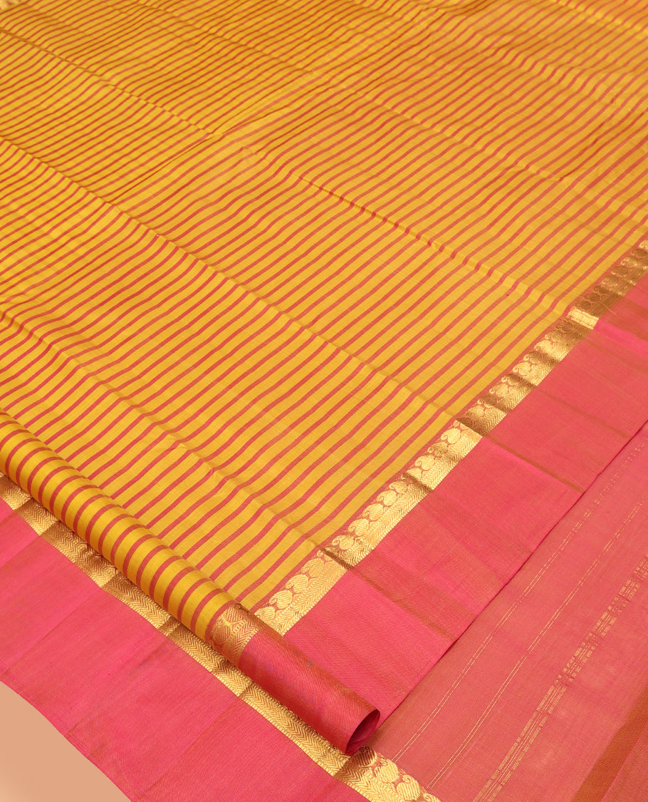 Yellow Striped Kanchipuram Silk Saree, Complemented by a Contrast Kal Eragina Border of Manga, Kathir, and Muthu Design, Pallu of Zari Design, and a Contrast Blouse