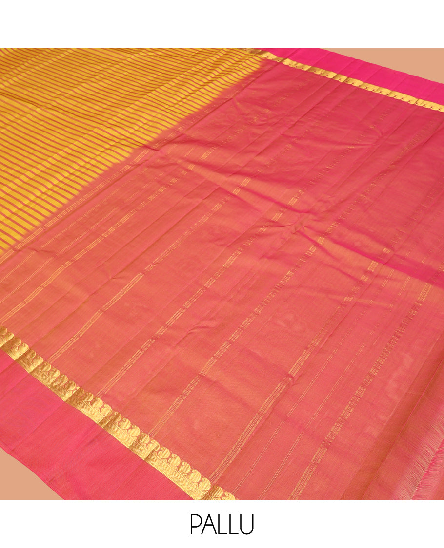 Yellow Striped Kanchipuram Silk Saree, Complemented by a Contrast Kal Eragina Border of Manga, Kathir, and Muthu Design, Pallu of Zari Design, and a Contrast Blouse
