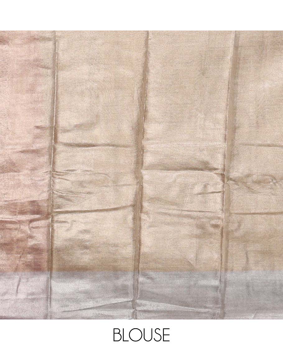 Baby pink plain tissue silk saree, silver zari bavanji border & contrast gleaming golden color plain blouse