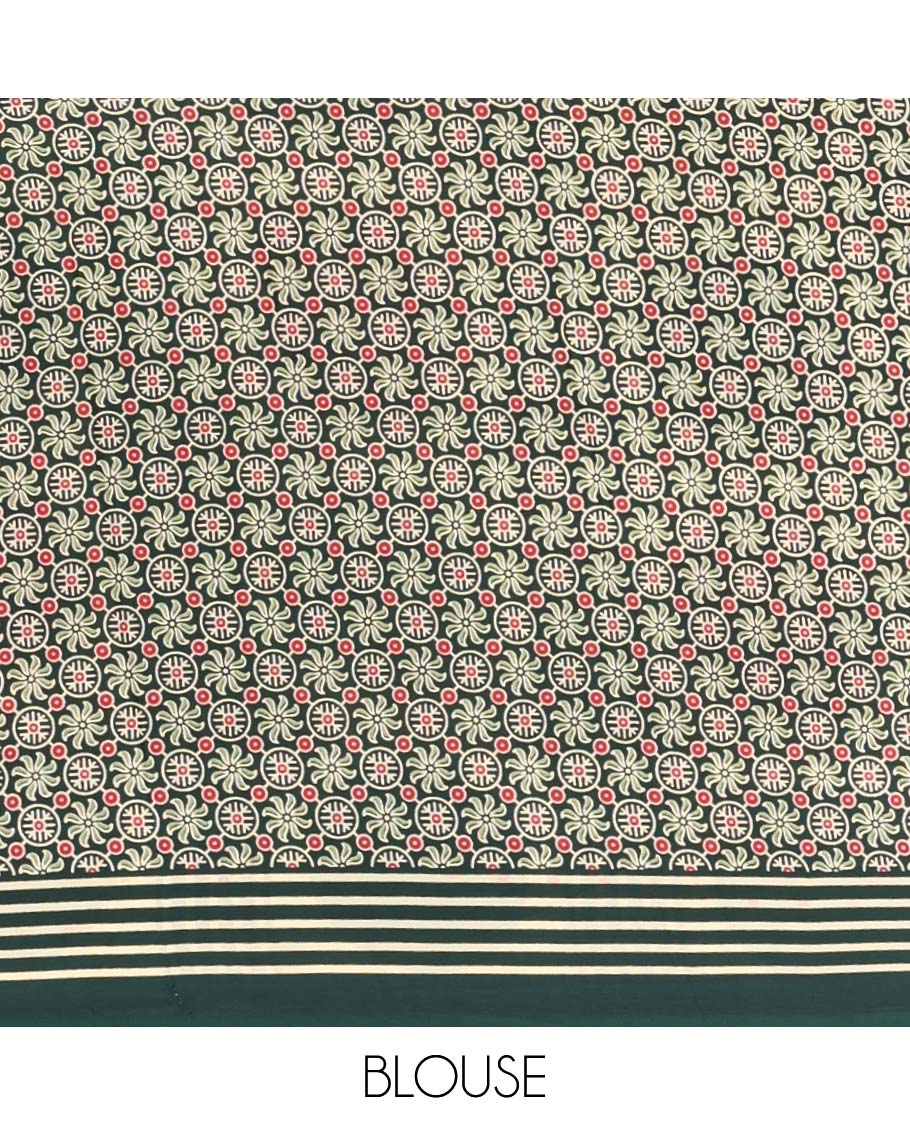 Bottle green vertical stripes printed modal satin saree, a self-border of horizontal stripes print, polka dots printed on the pallu, and an intricate ajrakh-style printed blouse
