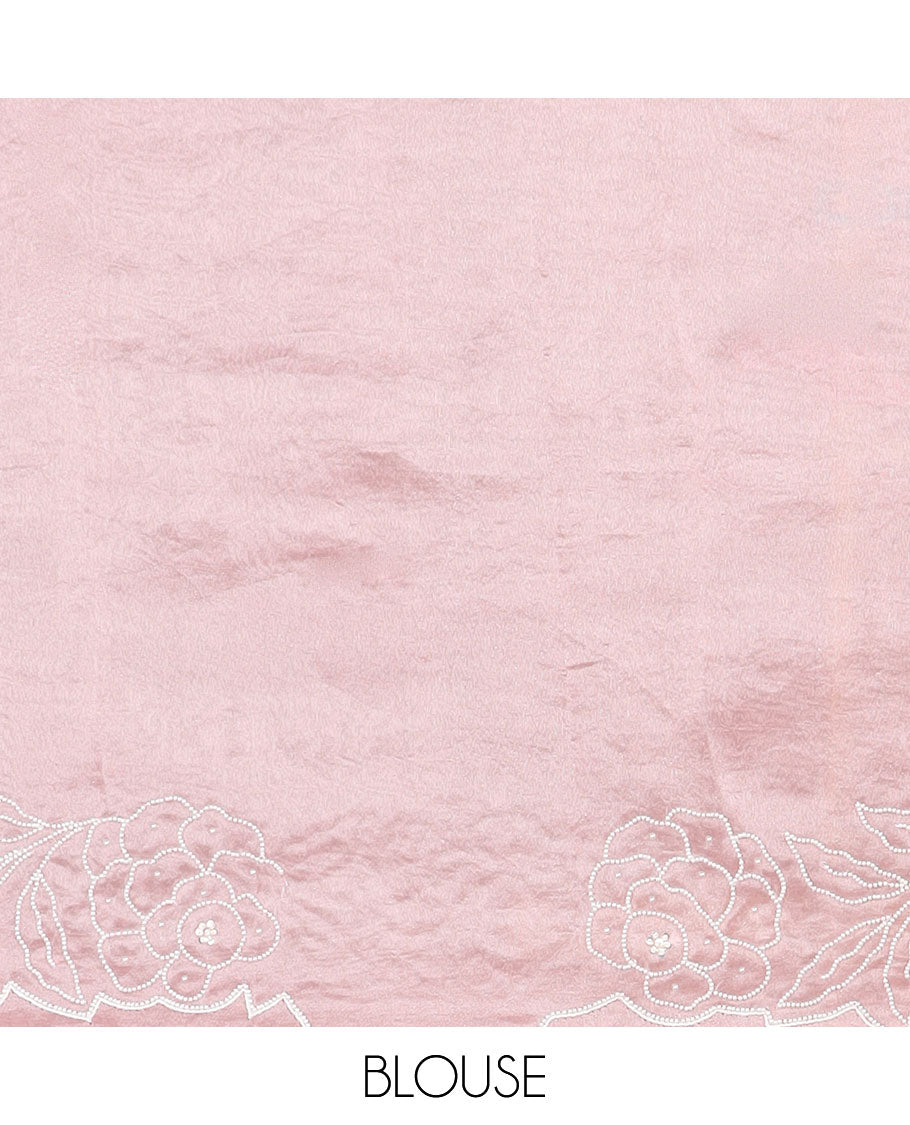 Light pink floral bead embroidery tissue saree with floral scallop bead embroidery border