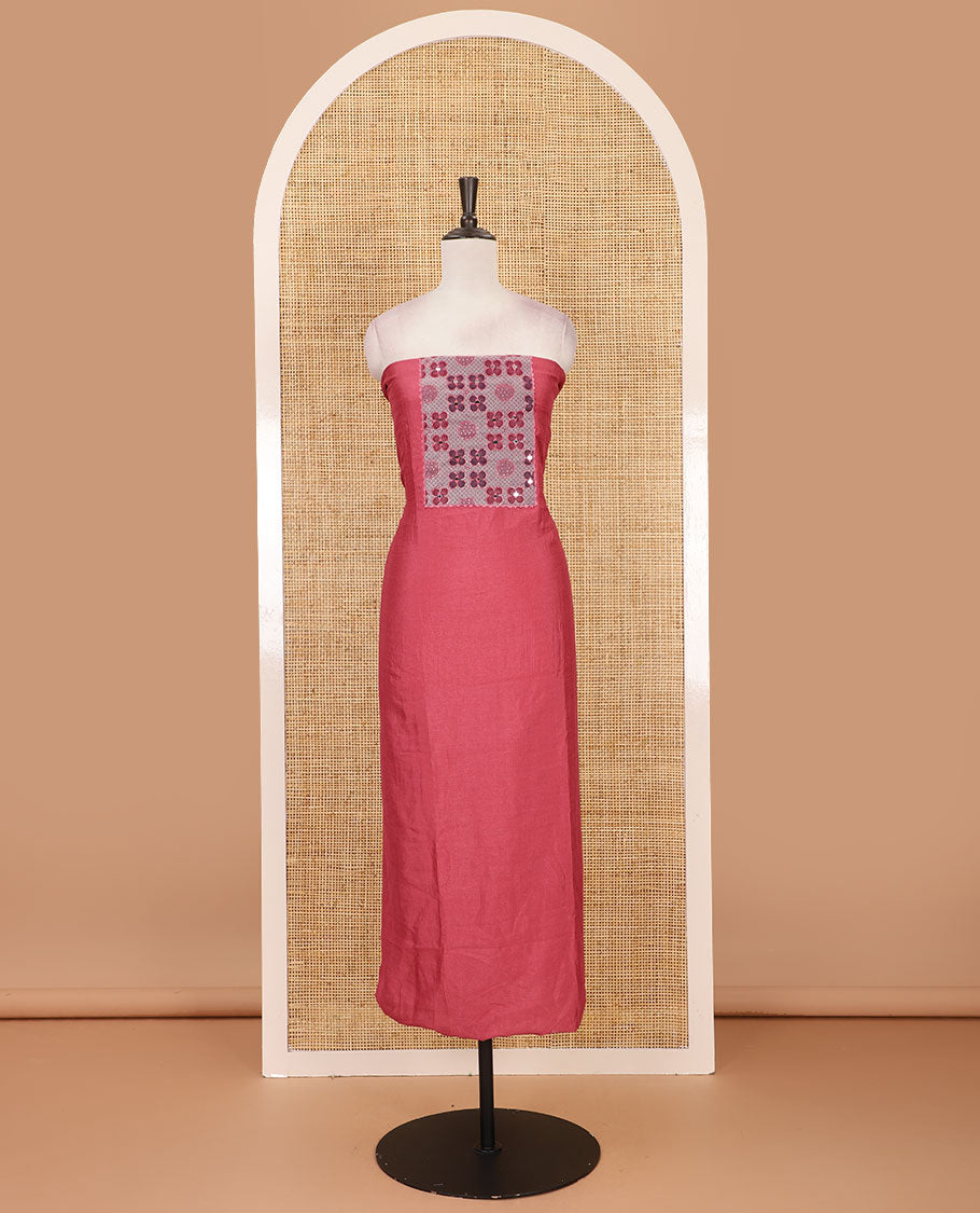 Onion pink Vichitra silk material chudidar set, brasso print & mirror embroidered neck work top, santoon bottom & four-petal floral motifs printed dupatta