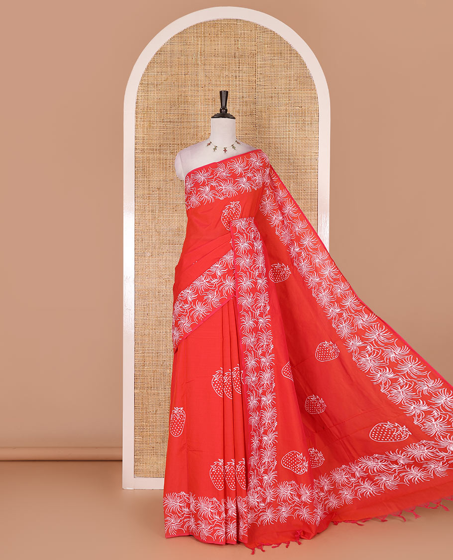 Tomato pink strawberry motifs handblock printed south cotton saree, sparkle motifs printed border, printed pallu, and contrast printed pallu