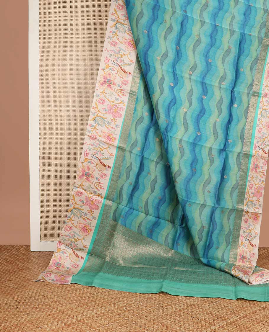 Blue motifs, abstract design tussar saree with contrast floral design border & checked design pallu