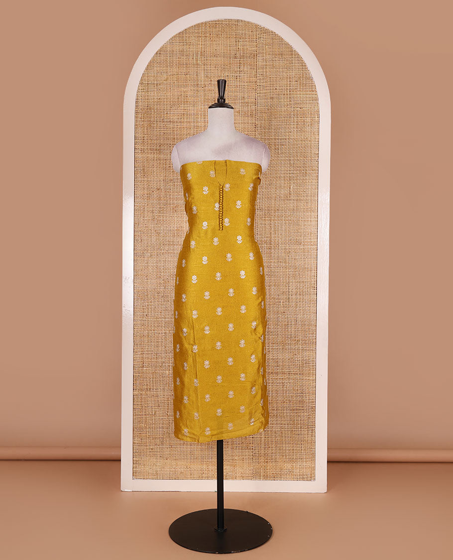 Mustard Vichitra silk material churidar set, floral motifs embroidered top, contrast Santoon bottom, and floral vine thread embroidered scallop dupatta