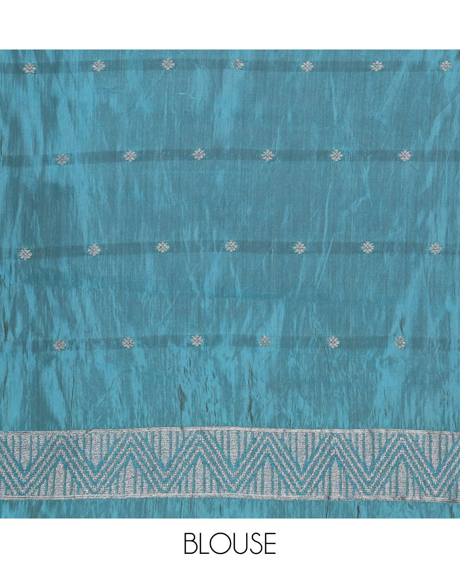 Blue Semi-Tussar Saree Subtly Woven With Floral Zari Buttas, Featuring a Geometric-Patterned Zari Border, Adorned With a Butta-Enclosed Checked Pallu, and a Matching Blouse