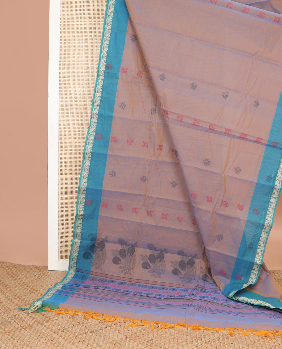 Brown motifs kanchi cotton saree with contrast zari design border & floral design pallu