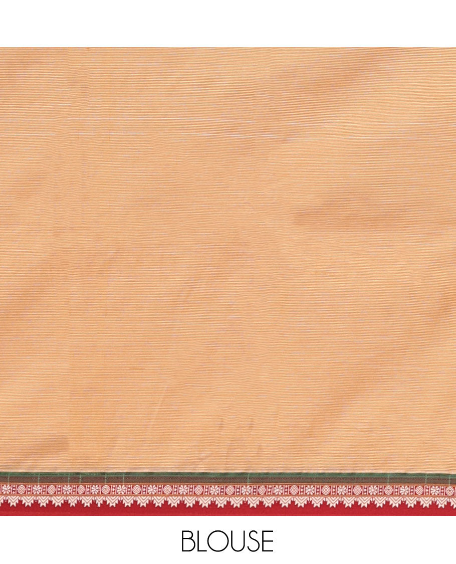 Sandal Plain Narayanpet Cotton Saree, Complemented by a Contrast Traditional Thread Border, Striped Pallu, and a Matching Blouse
